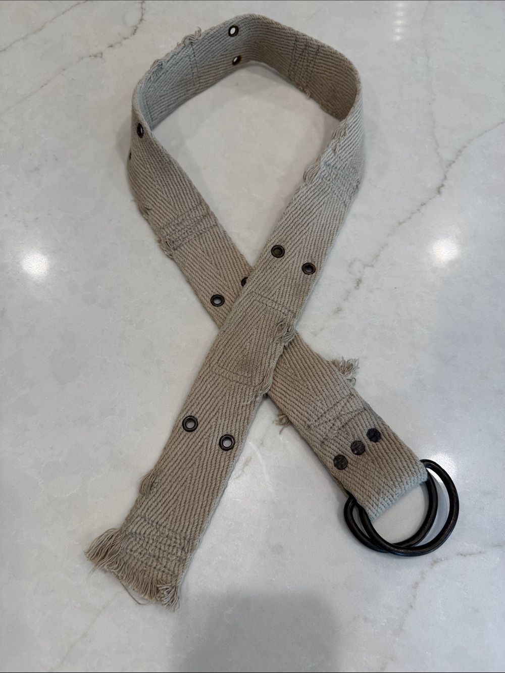 Abercrombie & Fitch Vintage Tan Frayed Cotton Fabric Belt with Double D-Rings